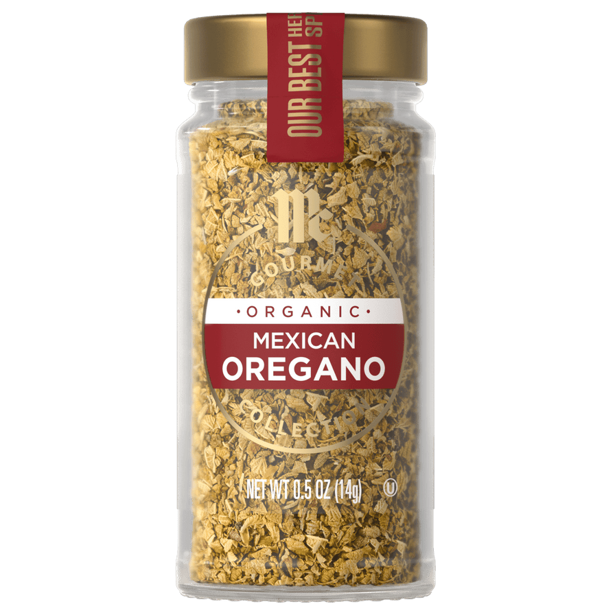 A jar of McCormick Organic Mexican Oregano is displayed.