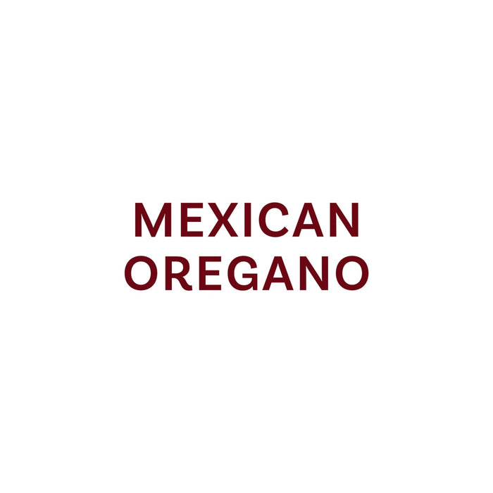 The text displays the words Mexican Oregano in a bold, dark red font.