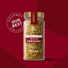 A jar of Gourmet Our Best Collection Mexican Oregano spice blend is displayed against a red background.