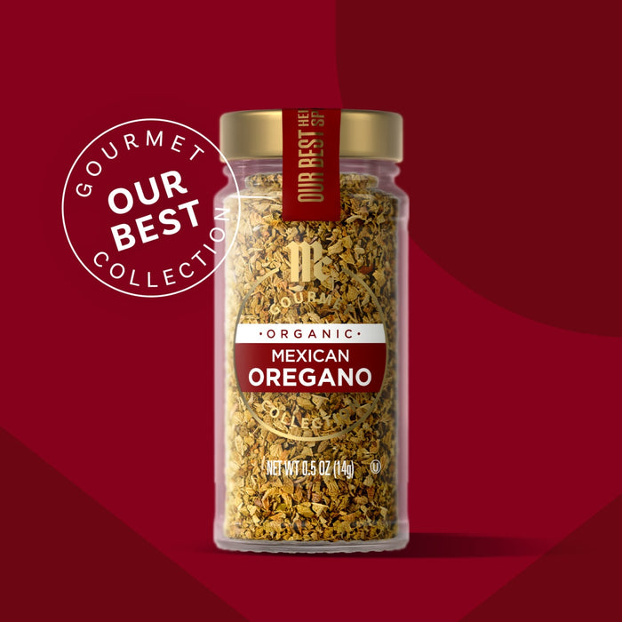 A jar of Gourmet Our Best Collection Mexican Oregano spice blend is displayed against a red background.