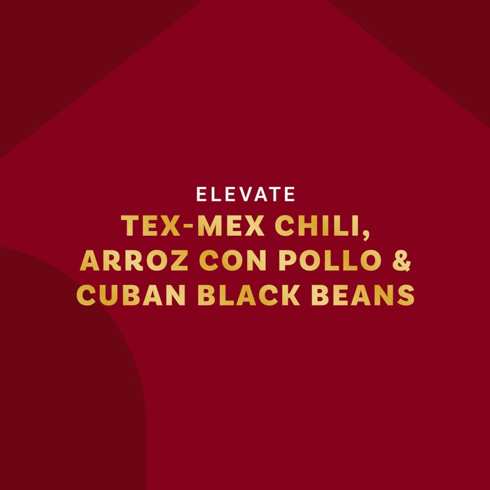 The image promotes elevating Tex-Mex chili, arroz con pollo, and Cuban black beans.