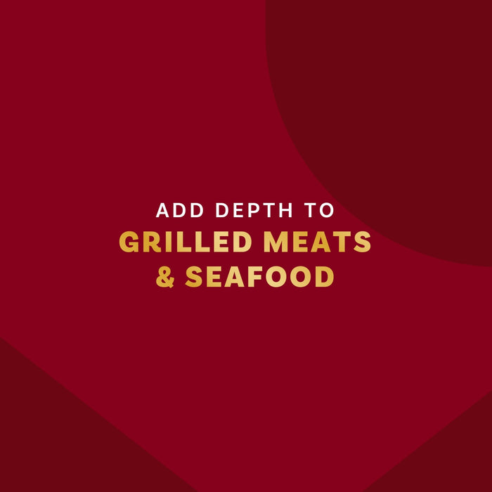 A burgundy background with the text Add depth to grilled meats and seafood in gold.