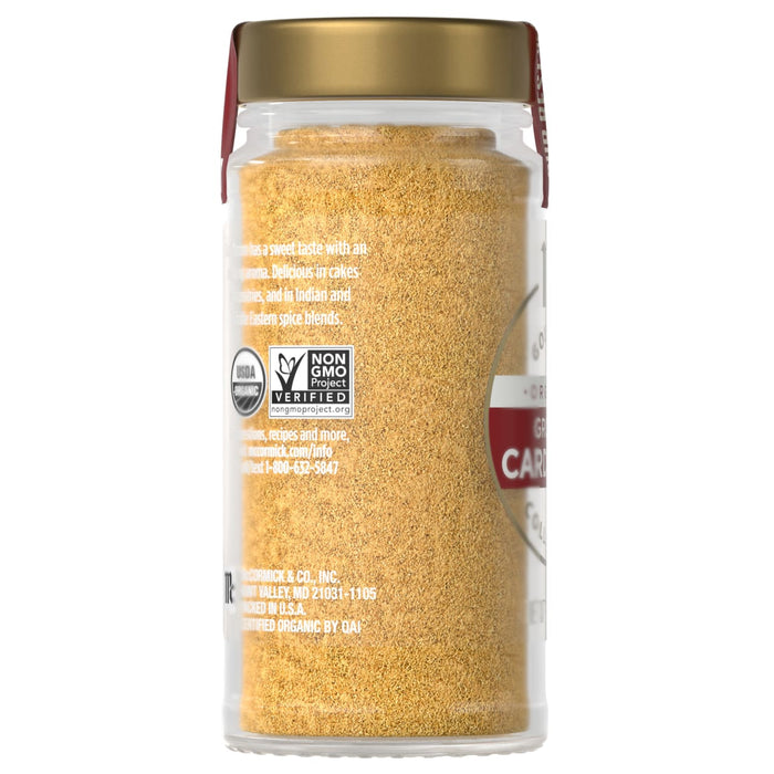 A jar of McCormick Organic Ground Cardamom is shown, highlighting its USDA Organic and Non-GMO Project Verified status.