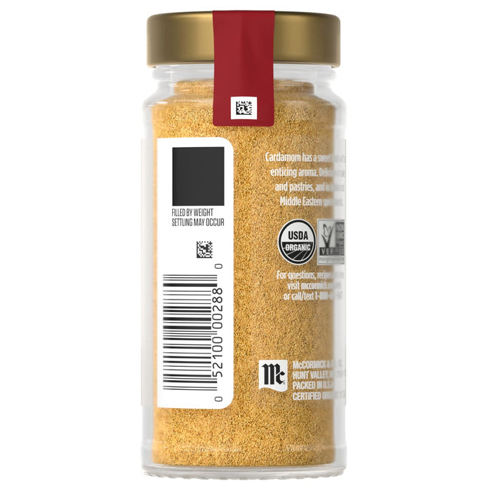 A jar of McCormick Organic Cardamom is shown, highlighting its sweet and enticing aroma, perfect for cakes, pastries, and Middle Eastern spices.