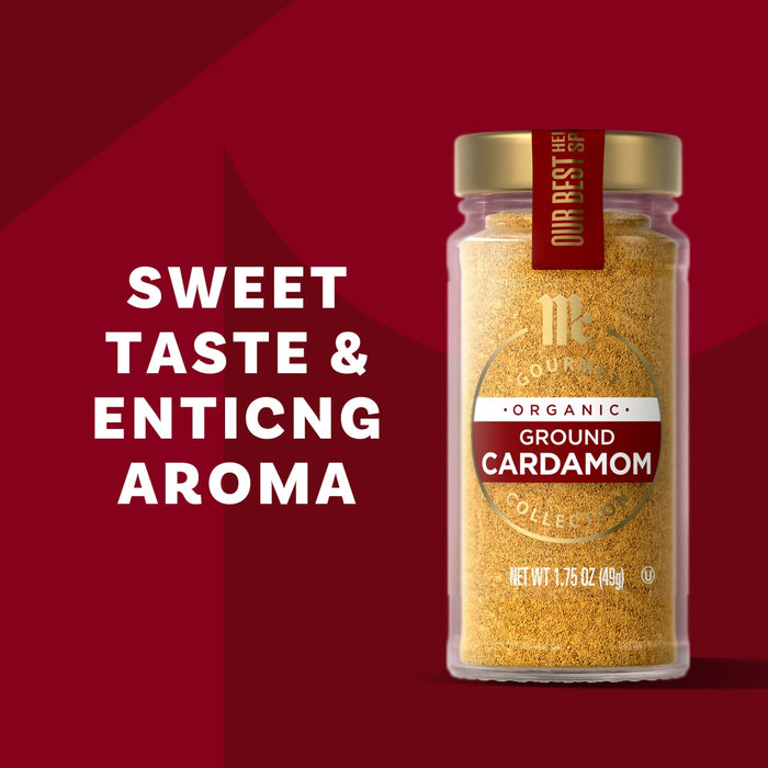 McCormick Ground Cardamom is shown in a jar, highlighting its sweet taste and enticing aroma.