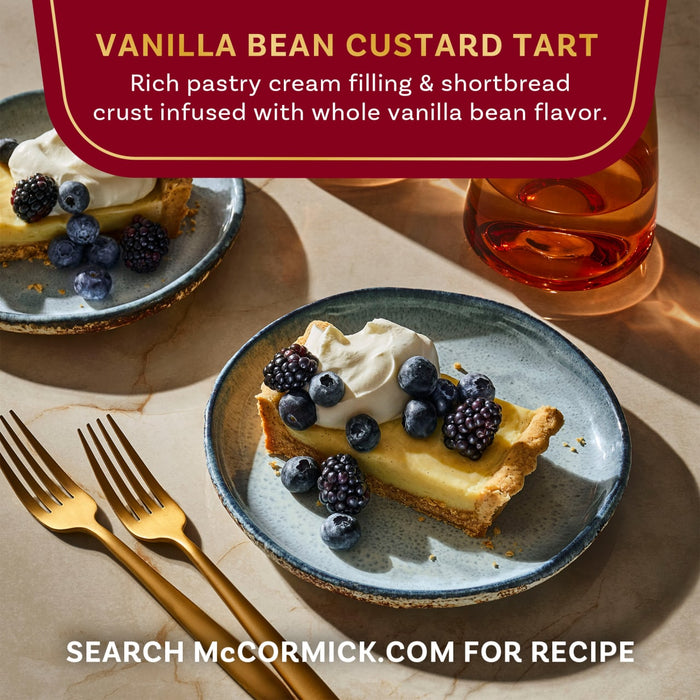 This is a photo of McCormick's Vanilla Bean Custard Tart, a rich pastry cream filling and shortbread crust infused with whole vanilla bean flavor.