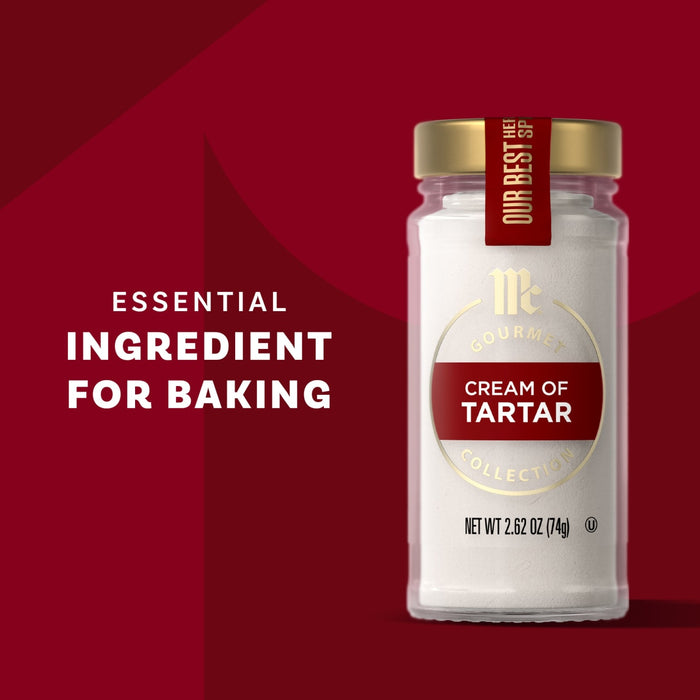 A jar of McCormick Cream of Tartar is displayed, highlighting its importance as an essential ingredient for baking.