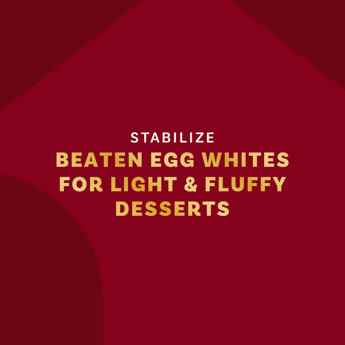This image promotes stabilizing beaten egg whites for light and fluffy desserts.
