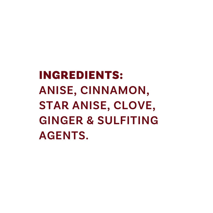 The image shows a list of ingredients including anise, cinnamon, star anise, clove, ginger, and sulfiting agents.