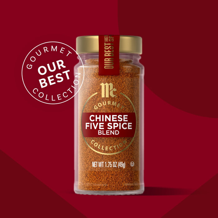 McCormick Gourmet Collection Chinese Five Spice Blend in a glass jar with a gold lid, labeled as Our Best Collection.