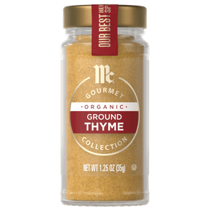 A jar of McCormick Gourmet Organic Ground Thyme.