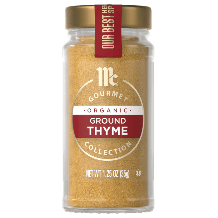 A jar of McCormick Gourmet Organic Ground Thyme.