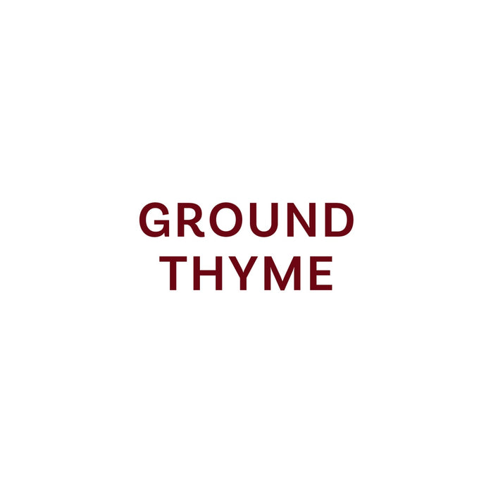 The image displays the text Ground Thyme in a dark red font.