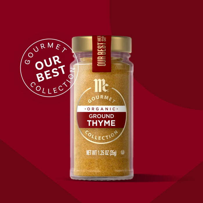 McCormick Gourmet Ground Thyme in a glass jar, part of the Our Best Collection.