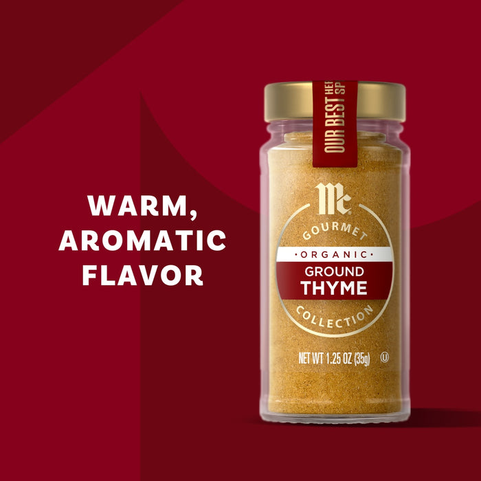 A jar of McCormick Gourmet Ground Thyme is displayed with the text Warm, Aromatic Flavor.