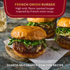 McCormick's French Onion Burger, a high-end, flavor-packed burger inspired by French onion soup, is shown on a wooden board.