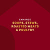 The image promotes enhancing soups, stews, roasted meats, and poultry.