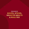 The image promotes enhancing soups, stews, roasted meats, and poultry.