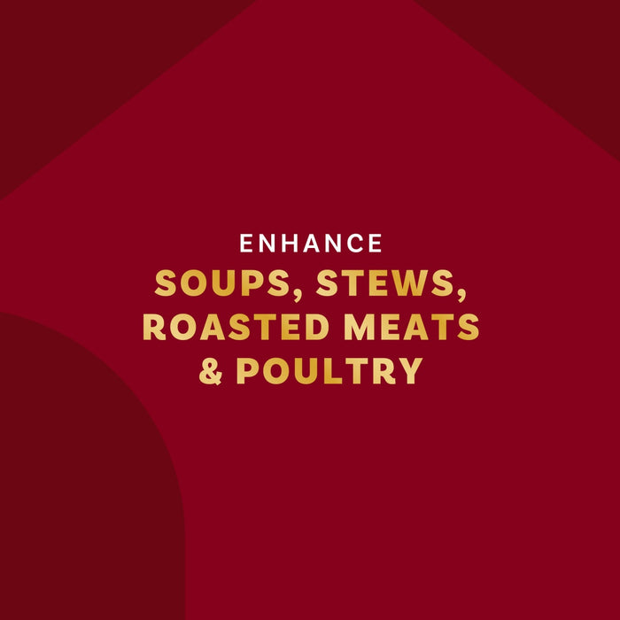 The image promotes enhancing soups, stews, roasted meats, and poultry.