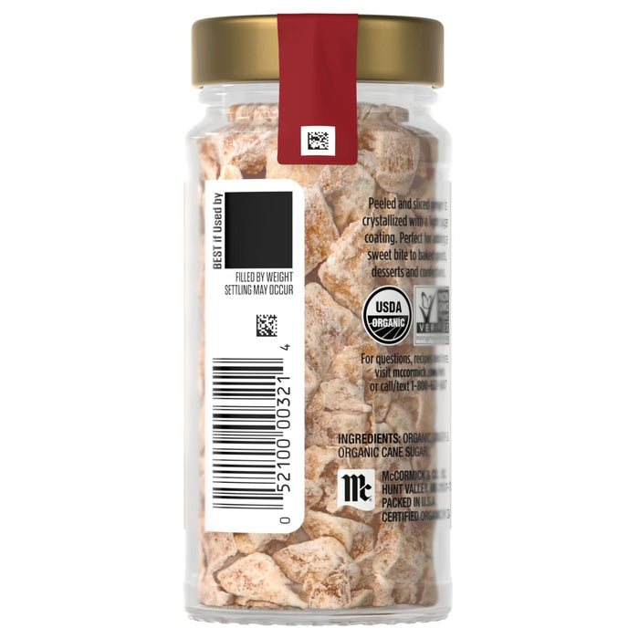 A jar of Simply Organic crystallized ginger is shown with its label and barcode.
