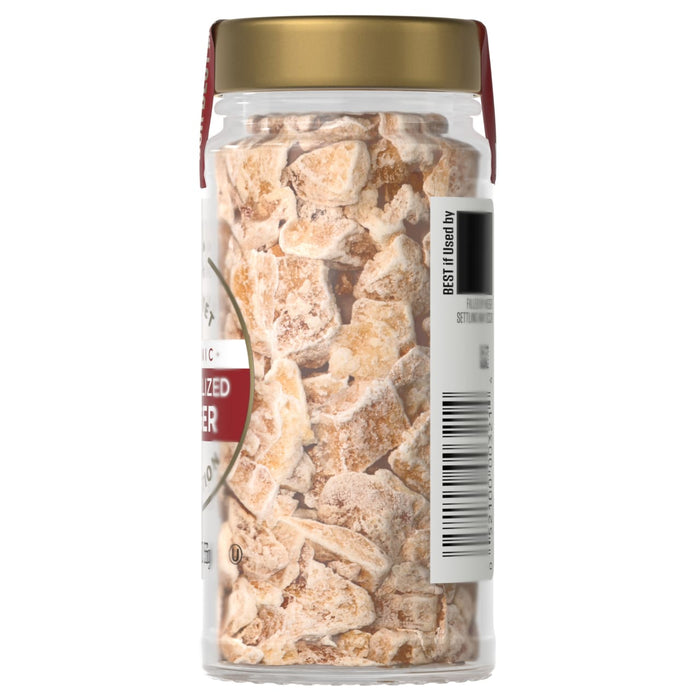 A jar of candied ginger from an unknown brand is shown, likely used for baking or snacking.