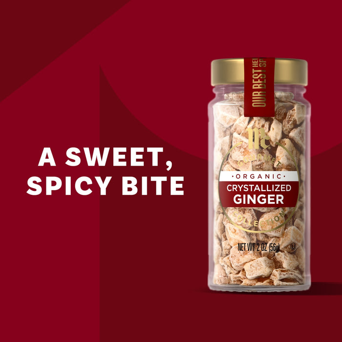 A jar of Davidstea Crystallized Ginger is displayed next to the text A sweet, spicy bite.
