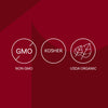 The image displays three icons indicating the product is Non-GMO, Kosher, and USDA Organic.