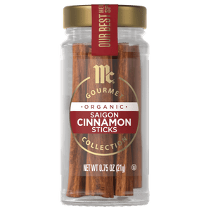 A jar of McCormick Gourmet Organic Saigon Cinnamon Sticks is shown.