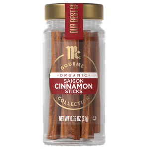 A jar of McCormick Gourmet Organic Saigon Cinnamon Sticks is shown.