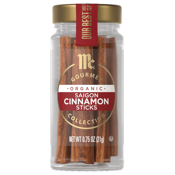 A jar of McCormick Gourmet Organic Saigon Cinnamon Sticks is shown.