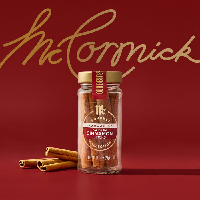 A jar of McCormick cinnamon sticks is displayed against a red background with the McCormick logo.