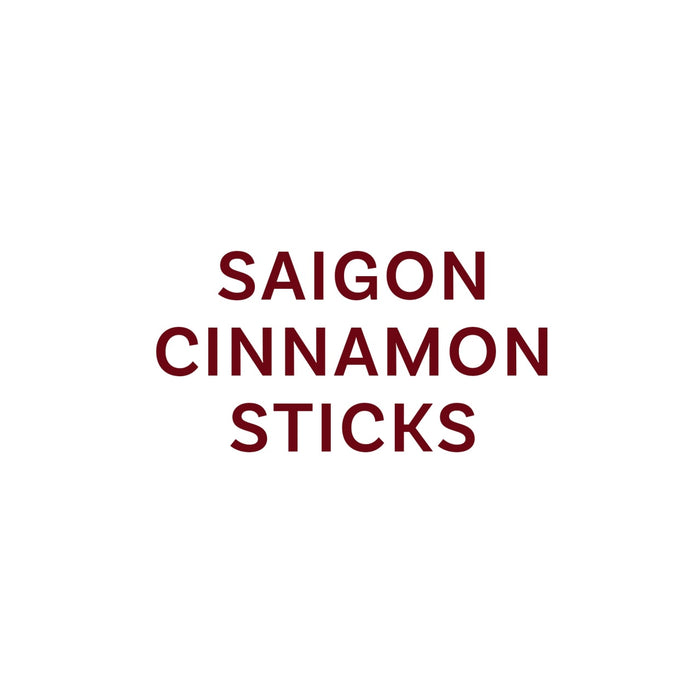 The image displays the text Saigon Cinnamon Sticks in a bold, reddish-brown font.