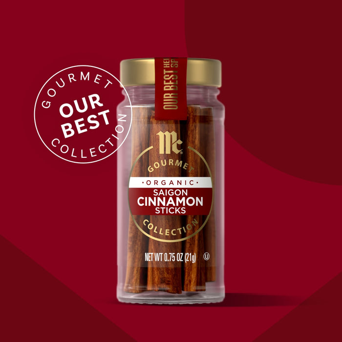A jar of McCormick Gourmet Cinnamon Sticks is featured as part of their Our Best Collection.