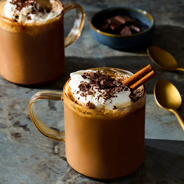 Two mugs of hot chocolate topped with whipped cream, chocolate shavings, and a cinnamon stick, suggesting a cozy and indulgent treat.