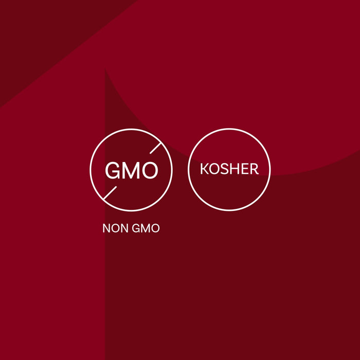 The image displays the Non-GMO and Kosher certification logos.