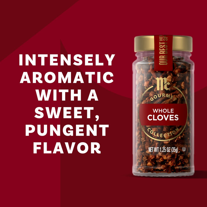 A jar of The Spice Hunter Whole Cloves is shown with the text intensely aromatic with a sweet, pungent flavor.