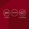 The image displays three circular icons indicating Non-GMO, Kosher, and USDA Organic certifications.