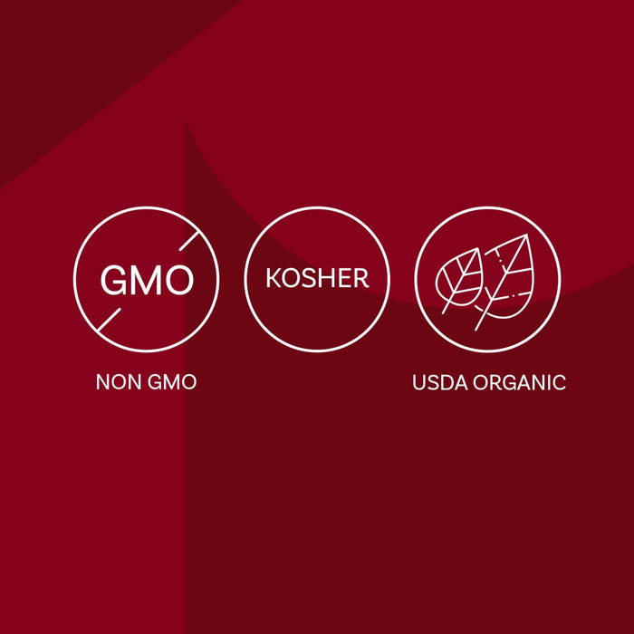 The image displays three circular icons indicating Non-GMO, Kosher, and USDA Organic certifications.