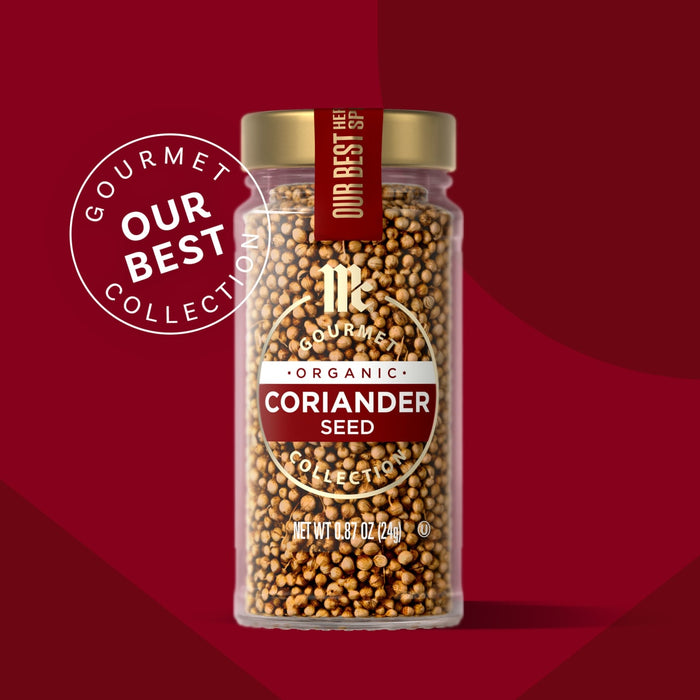 McCormick Gourmet Coriander Seed in a glass jar, part of the Our Best Collection.