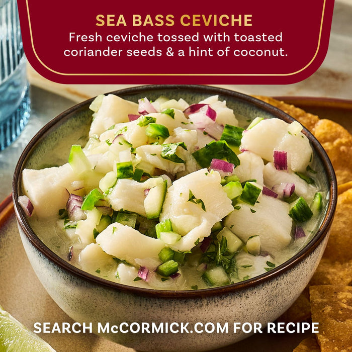 A bowl of McCormick Sea Bass Ceviche, a fresh dish with toasted coriander seeds and a hint of coconut.