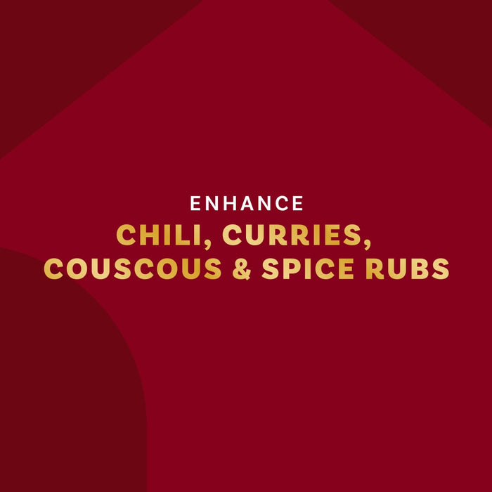 The image promotes enhancing chili, curries, couscous, and spice rubs.