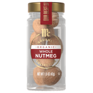 A jar of McCormick Gourmet Organic Whole Nutmeg Collection.