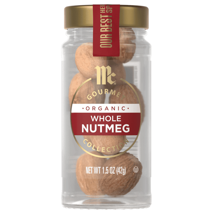 A jar of McCormick Gourmet Organic Whole Nutmeg Collection.
