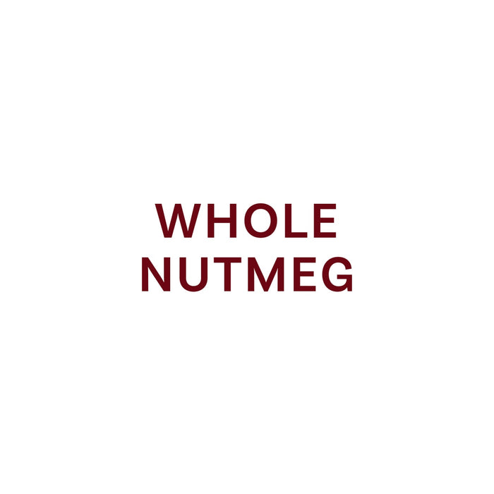 The image displays the text Whole Nutmeg in a dark red font.