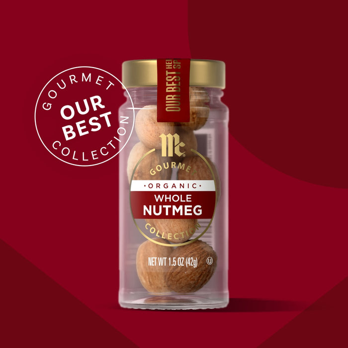 A jar of McCormick Gourmet Organic Whole Nutmegs is featured as part of the Our Best Collection.