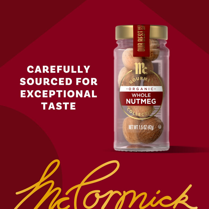 A jar of McCormick whole nutmegs is displayed with the text Carefully Sourced for Exceptional Taste.