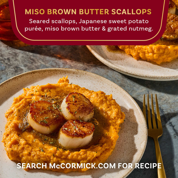 McCormick's Miso Brown Butter Scallops recipe features seared scallops, Japanese sweet potato puree, miso brown butter, and grated nutmeg.