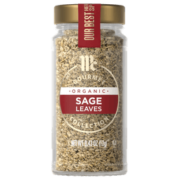 A glass jar of McCormick Gourmet Organic Sage Leaves.