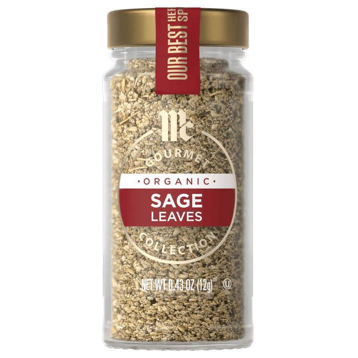 A glass jar of McCormick Gourmet Organic Sage Leaves.