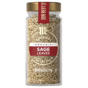 A glass jar of McCormick Gourmet Organic Sage Leaves.